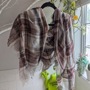 46"x46" gauzy knit fringe scarf wrap, white/burgundy plaid